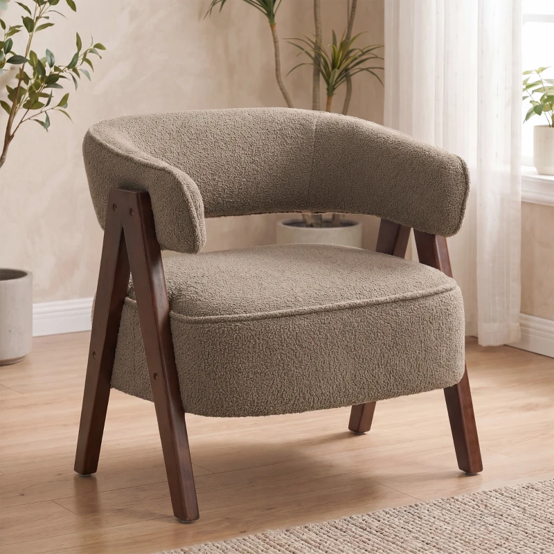 HOMCOM Butaca de Salón Tapizada en Borreguito Acolchada Gruesa Patas de Madera Respaldo Curvado 70x64x71 cm Marrón Claro