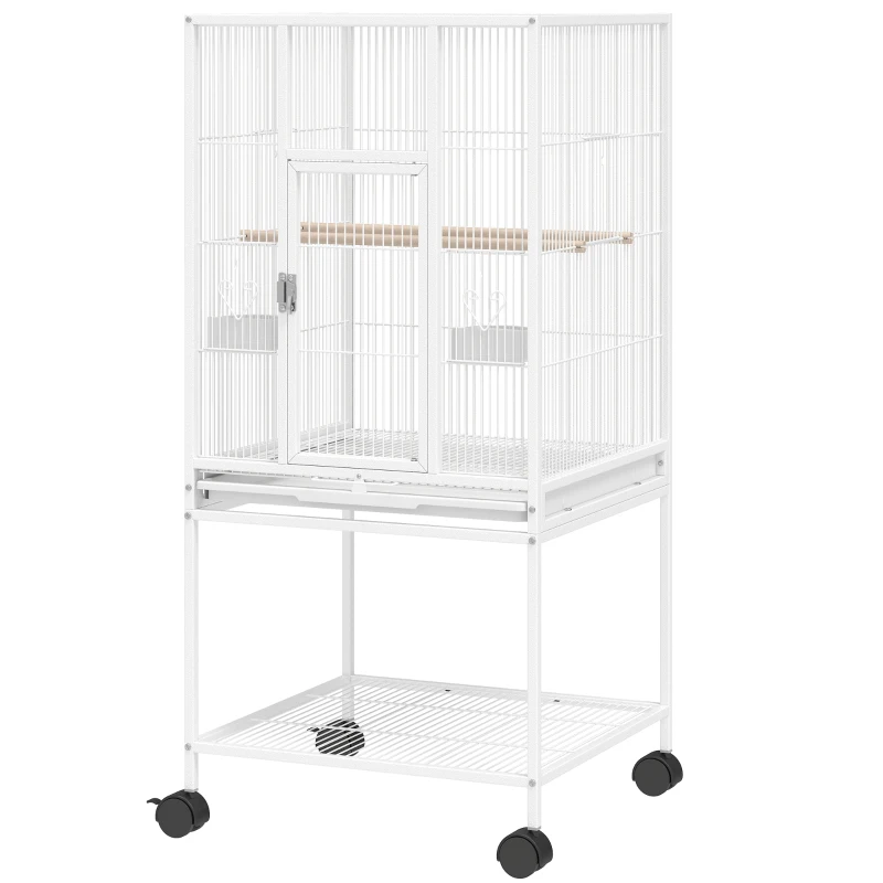 PawHut Bird Cage Detachable with Rolling Stand Parrot Cage with Storage Shelf White