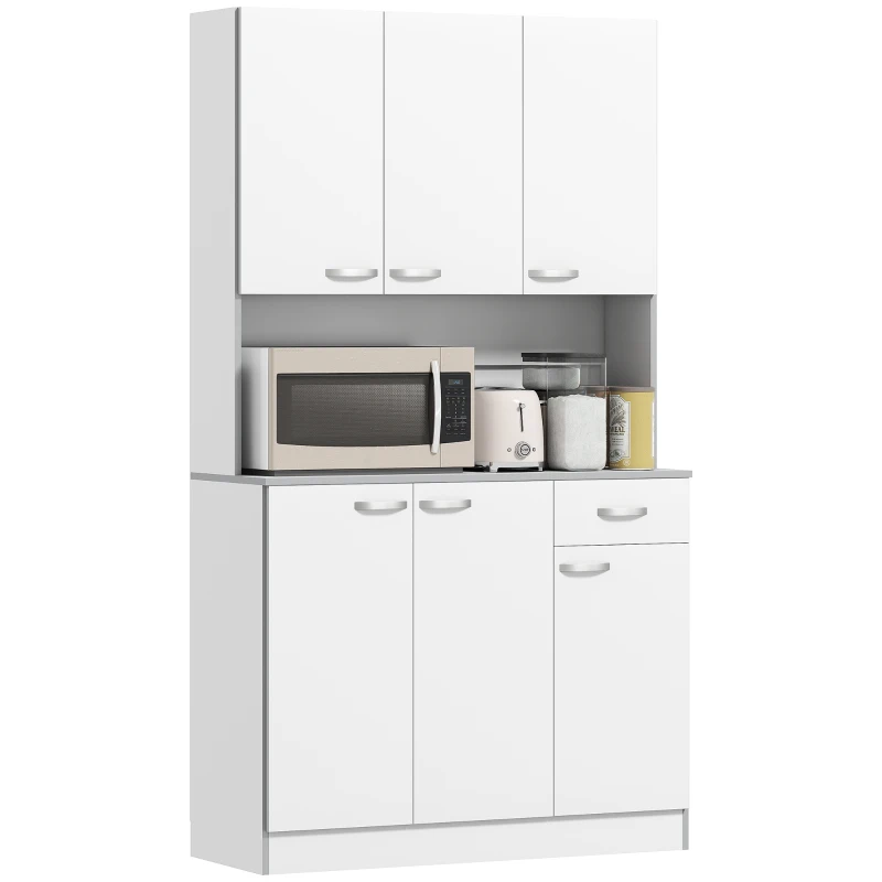 Kitchen Cupboard, Freestanding Kitchen Storage Cabinet with 6 Doors, Drawer, White