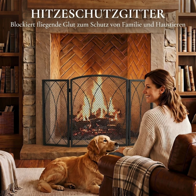 HOMCOM Geometrisch 3-delig inklapbaar metalen vonkenscherm, hittebestendig haardscherm, zwart