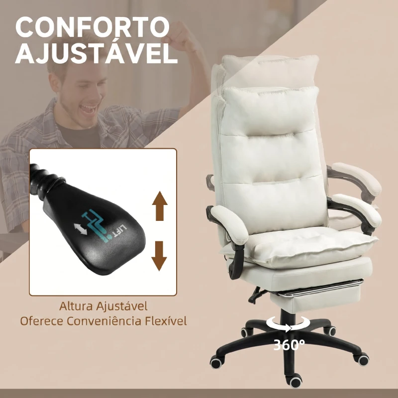 Vinsetto Cadeira de Secretária com Massagem, Altura Ajustável, Encosto Reclinável, Apoio para os Pés e Rotação 360°, Creme