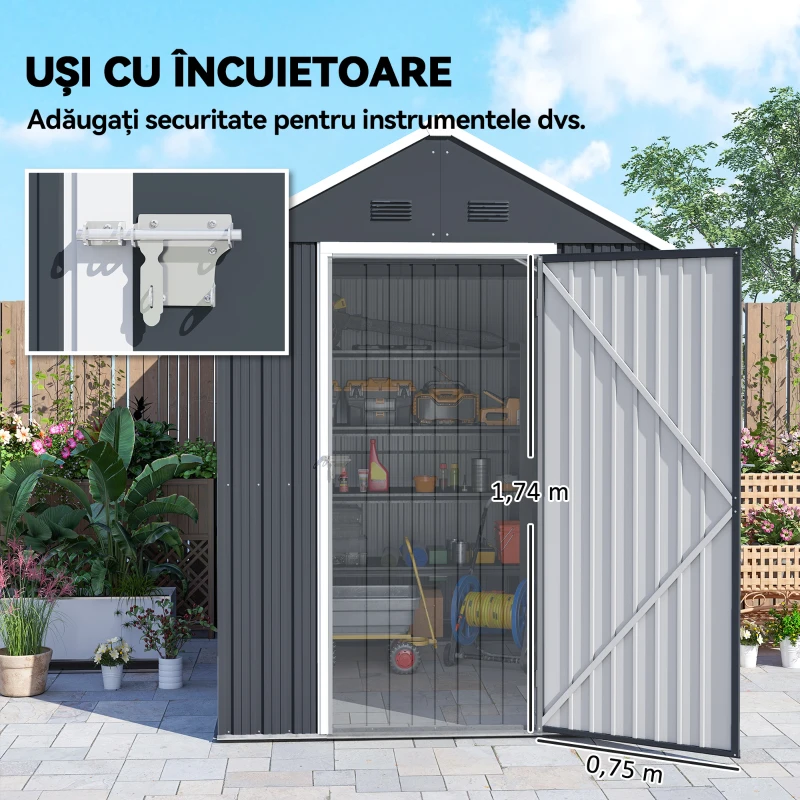 Outsunny Căsuță de Grădină pentru Unelte, din Oțel Galvanizat și PP, cu Fereastră, 259x172x222 cm, Gri și Alb(m-7)