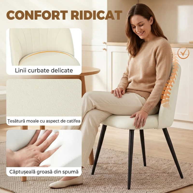 HOMCOM Set 2 Scaune Dining cu Spătar Tip Scoică și Picioare Metalice, Catifea, Crem