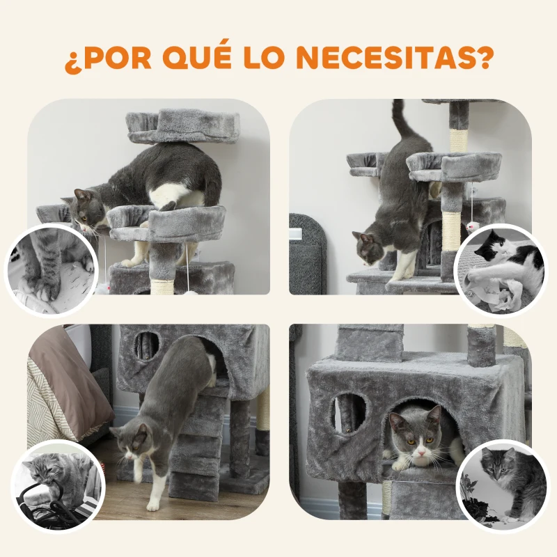 PawHut Árbol Rascador para Gatos Árbol para Gatos 153 cm con 2 Cuevas 3 Camas 2 Rampas Postes de Sisal Ratones Colgantes Gris