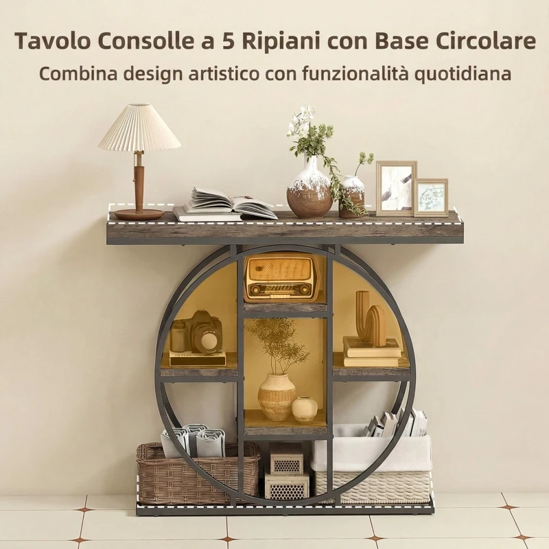 HOMCOM Tavolo Consolle Industriale con Ripiani e Telaio in Acciaio Circolare, 100x30x81.5 cm, Marrone Rustico