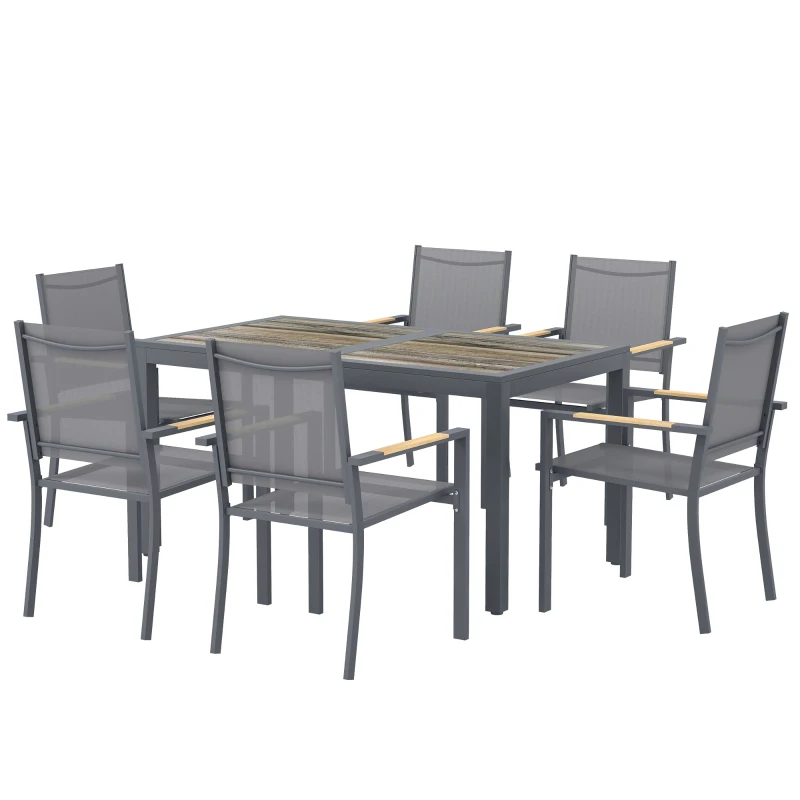Outsunny Conjunto de Mesa y Sillas Jardín con Mesa de Plástico PSPC y 6 Sillas Apilables Transpirables para Terraza Patio Gris