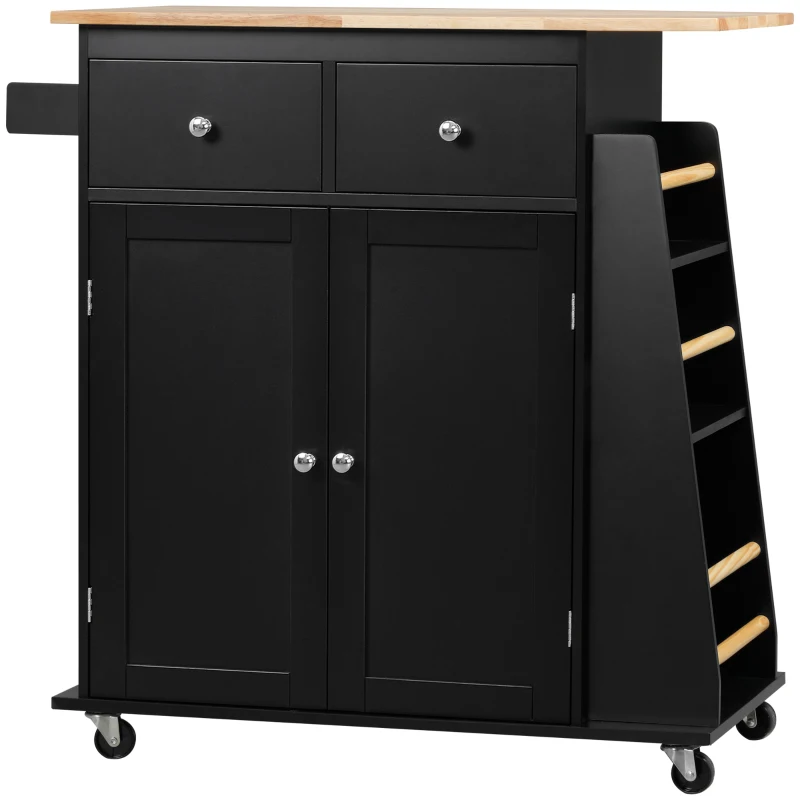 HOMCOM Cărucior de Bucătărie cu Dulap, 2 Sertare și Suport pentru Condimente, Insulă de Bucătărie din Lemn, 89x45x89.5cm, Negru(m-12)