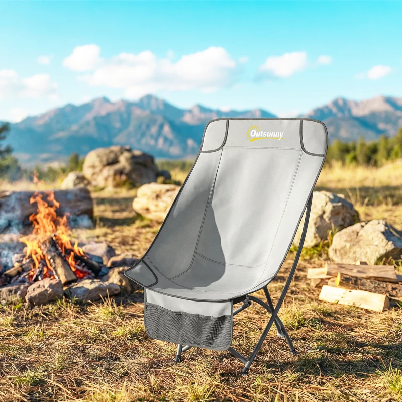 Outsunny Camping Chair for Adults Heavy Duty Folding Camp Chair with Side Pocket and Carry Bag Light Grey