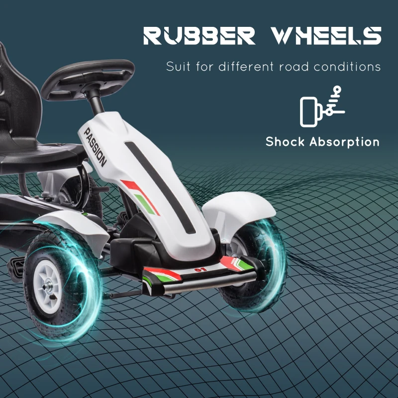 HOMCOM Pedal Go Kart, Kids Ride On Racer with Adjustable Seat, Inflatable Rubber Tyres, Handbrake for Ages 5-12 Years - White
