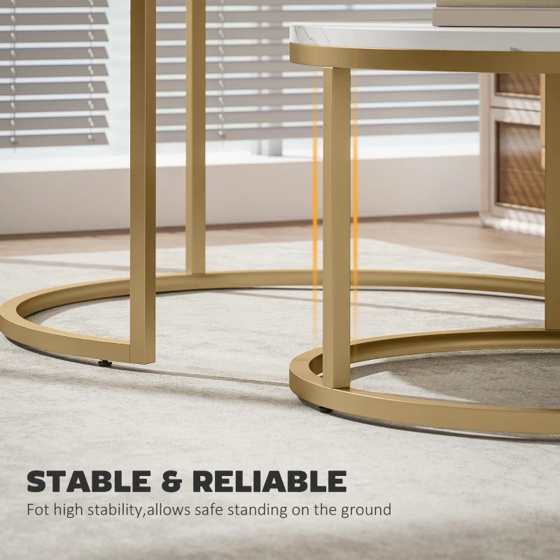 HOMCOM 2 Pcs Stacking Coffee Table Set Nesting Tables with Steel Frame for Living Room Marble White/Gold