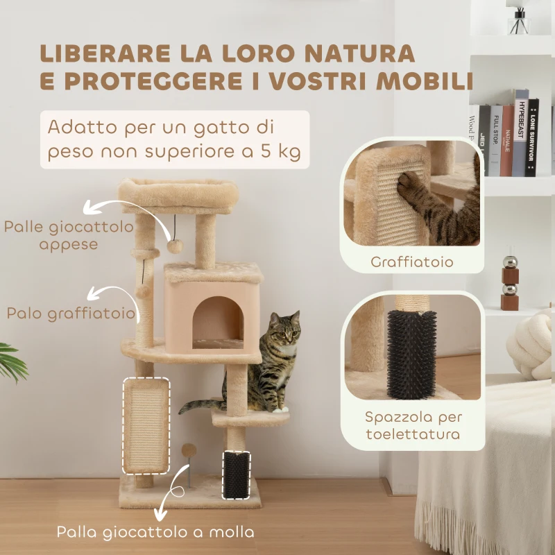 PawHut Albero per Gatti Multilivello Alto 104 cm con Casetta, Lettino, Pali Tiragraffi, Spazzola e Pallina, Beige