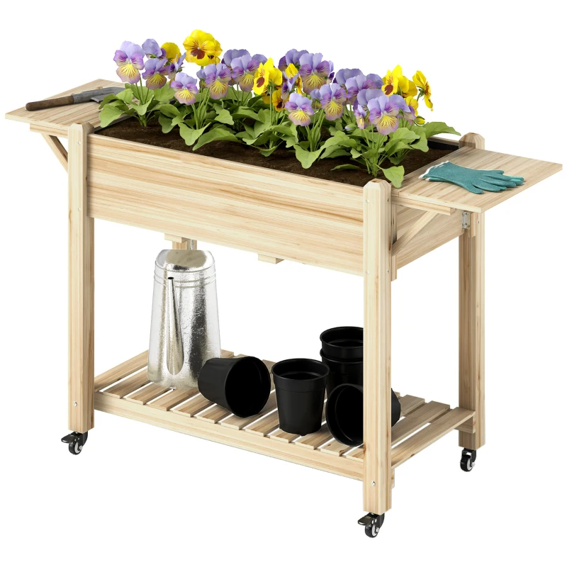 Outsunny Jardinera Elevada con Ruedas Repisas Plegables y Estante 145x52x86 cm Sistema de Drenaje y Estructura de Madera Natural