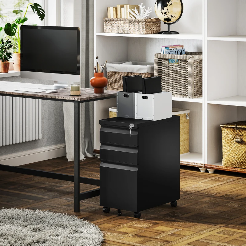 Vinsetto 3-Drawer Steel Filing Cabinet with Lock and Wheels - Black
