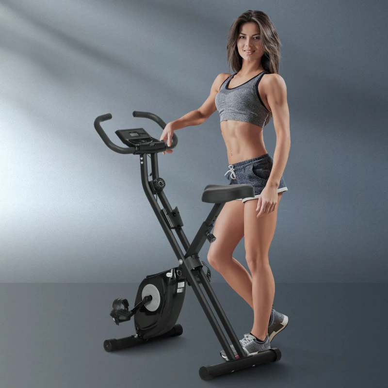 HOMCOM Bicicleta Estática Plegable con 8 Niveles de Resistencia Magnética Pantalla LCD y Asiento Regulable 43x85x109cm Negro
