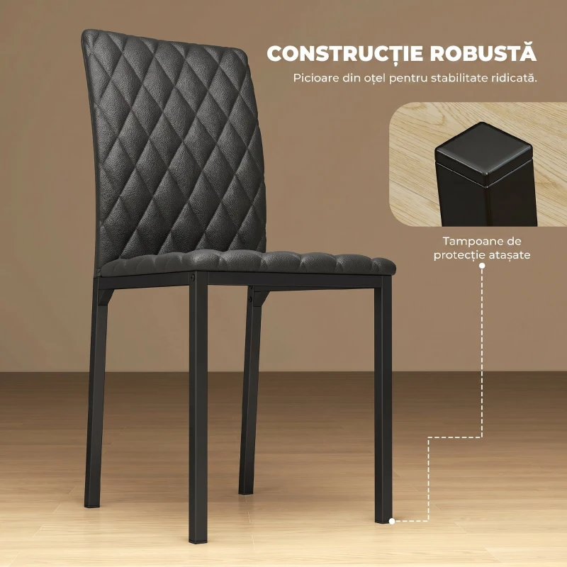 HOMCOM Set de 4 scaune pentru dining din piele sintetică cu cusături romboidale și picioare din metal, negru(m-4)