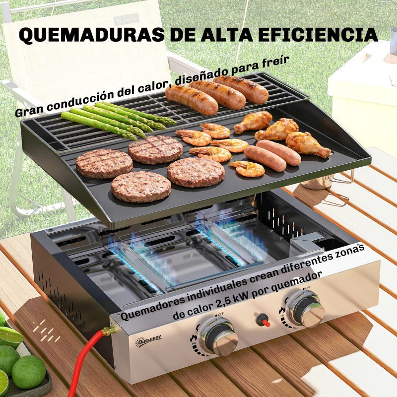 Outsunny Barbacoa de Gas con 2 Quemadores 5 kW Barbacoa Portátil con Plancha Rejilla Calentadora y Recogedor Grasa Negro