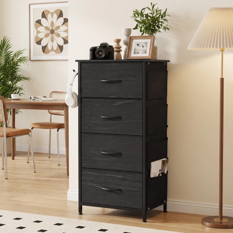 HOMCOM Chest of Drawers, Dresser with 4 Fabric Drawers, Tall Storage Unit with 4 Pockets and 2 Hooks, Steel Frame, Black