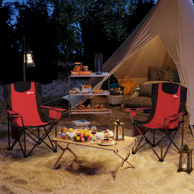 Outsunny Set 2 Sedie da Campeggio Pieghevoli con Borsa Frigo, Portabicchieri e 2 Tasche, 94x62x100 cm, Rosso
