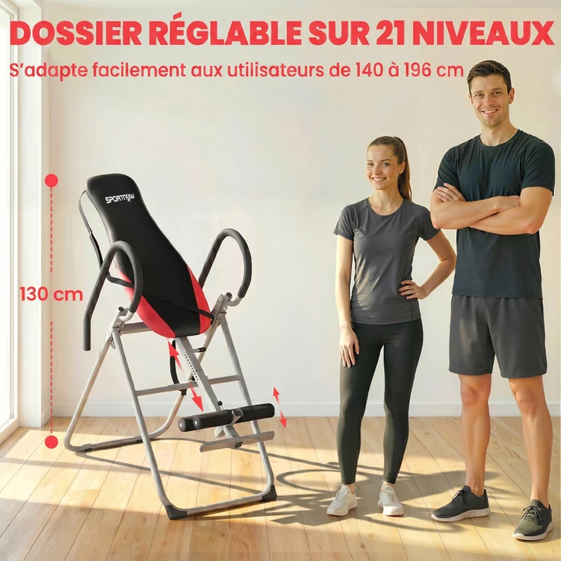 SPORTNOW Table d'Inversion Pliable en Acier, Inversion 0-90°, Verrou de Cheville Réglable, 122x59x130cm, Rouge