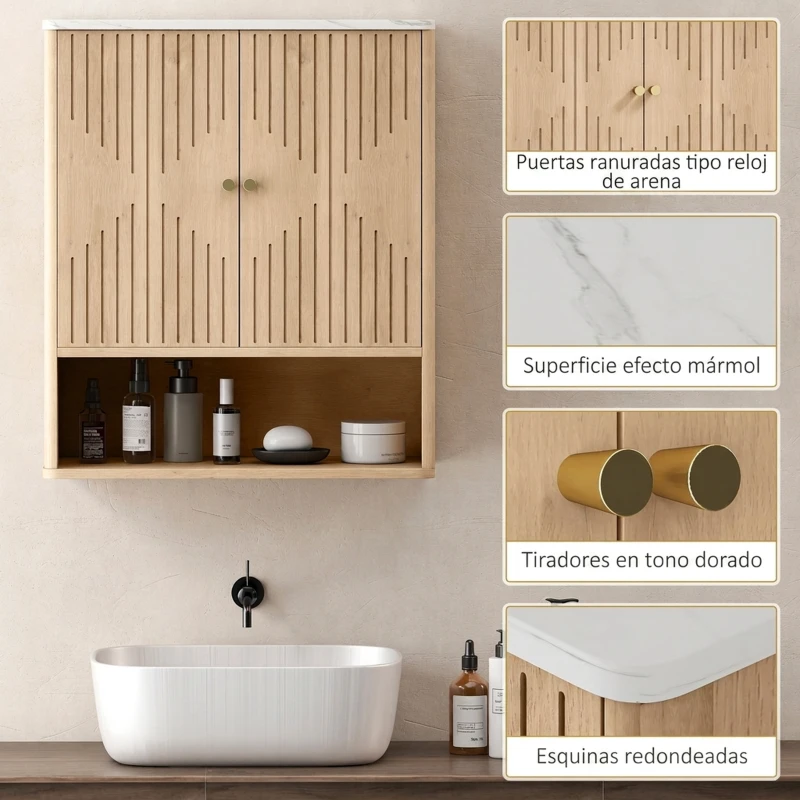 HOMCOM Armario de Baño de Pared Puertas con Diseño de Reloj de Arena Estante Ajustable Estante Abierto 60x18x70 cm Roble