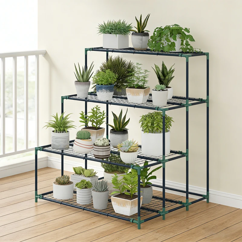 Outsunny Raft Suport Plante cu 4 Niveluri din Oțel, 94x84x110 cm, Verde Închis