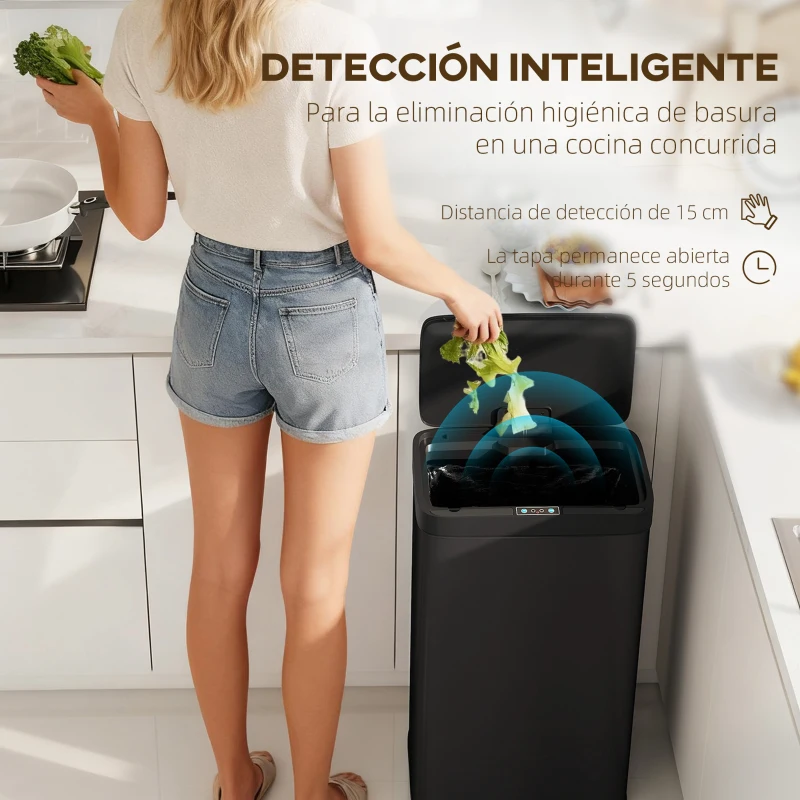 HOMCOM Cubo de Basura Cocina Automático 45 L con Sensor Infrarrojo Cierre Suave y Cubo Interior Extraíble Antihuellas Negro