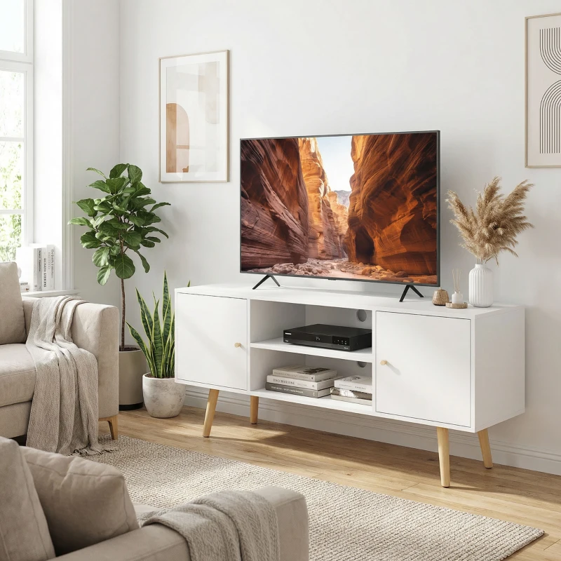 HOMCOM Mobilă TV pentru televizoare de până la 55 inch, cu 2 dulapuri și 2 rafturi deschise, din lemn și PAL melaminat, 120x34x50 cm, alb