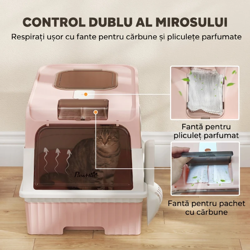 PawHut Litieră pentru Pisici cu Capac, Tavă Detașabilă, Anti Miros, 48x35x36 cm, Roz