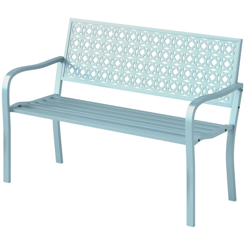 Outsunny Banc de jardin 2 places, banc extérieur jardin en acier avec dossier ajouré, 127 x 63 x 85 cm, bleu