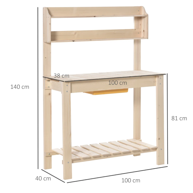 Outsunny Banco da Lavoro per Giardinaggio in Legno Naturale con Vaschetta Integrata, Mensole e Ganci 100x40x140cm