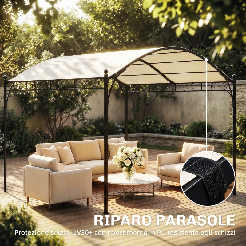 Outsunny Pergola Gazebo 3x3 m con Tetto ad Arco, in Metallo e Poliestere 180g/m², Bianco Crema