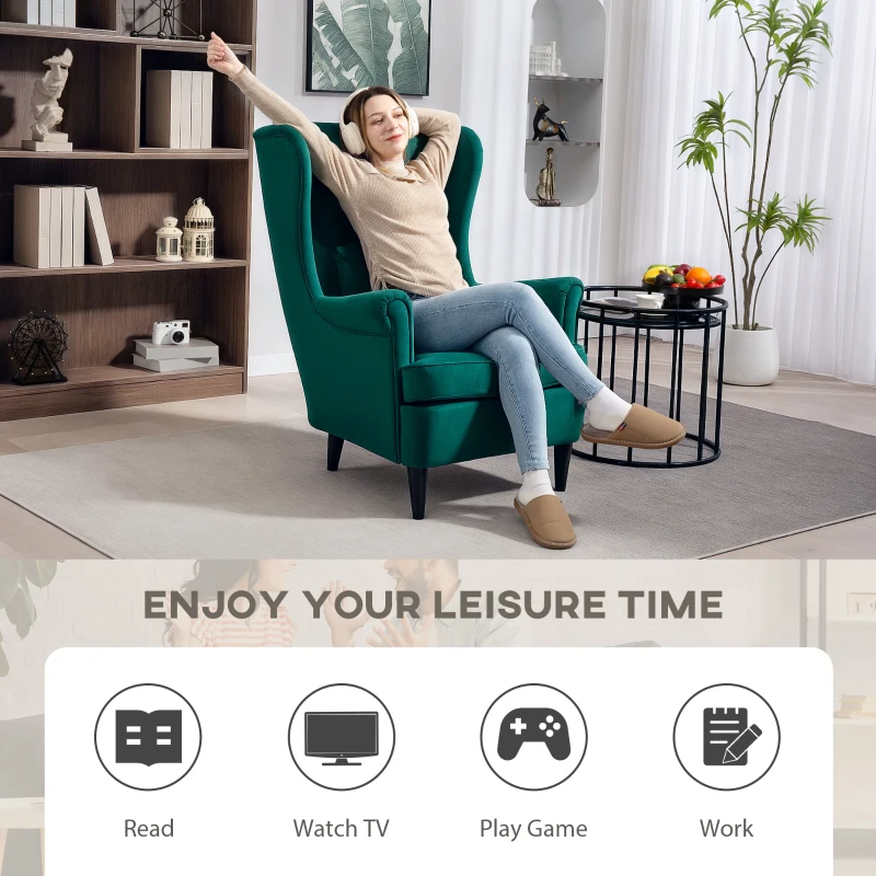 HOMCOM Modern Accent Chair with High Backrest and Pillow, Velvet-Feel Fabric Reading Chair with Solid Wood Legs, Green