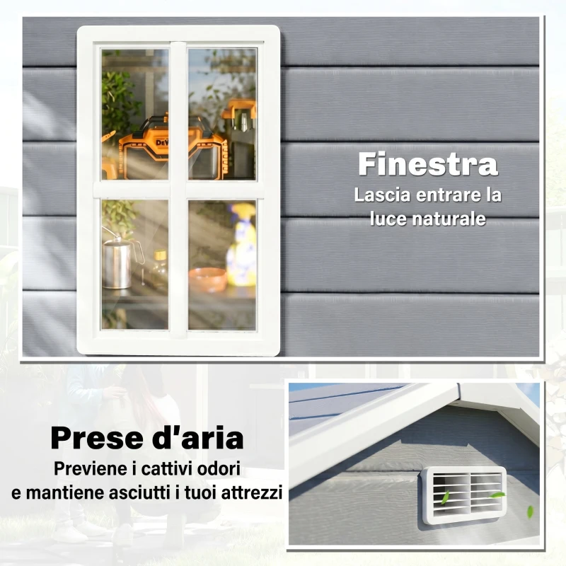 Outsunny Casetta da Giardino con Finestra e Doppia Porta PP e Alluminio, 183x134x210 cm, Grigio
