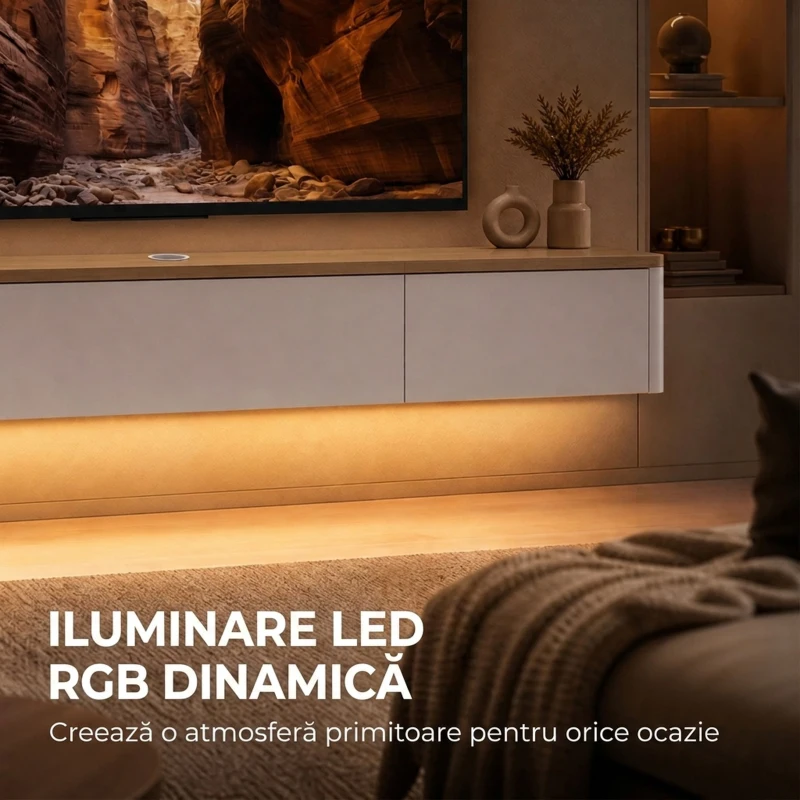 HOMCOM Comodă Tv Suspendată Până la 65", cu 2 Sertare, Dulap, Iluminare Led Rgb și Priză Integrată, Alb și Aspect Lemn