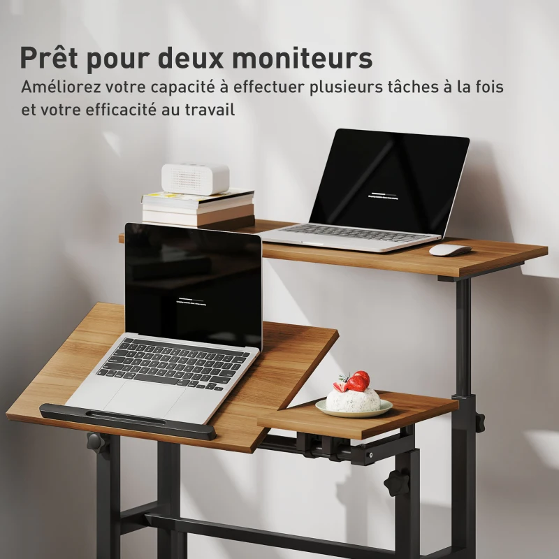 HOMCOM Bureau assis debout bureau réglable en hauteur 70 x 60 cm à roulettes avec plateau inclinable cadre en métal marron