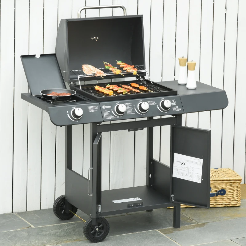 Outsunny 3+1 Burner Gas BBQ Grill, Outdoor Barbecue Trolley with Wheels, Warming Rack, Side Shelves, Cabinet, Thermometer for Garden, Party, Camping, 110W x 50D x 100Hcm, Grey