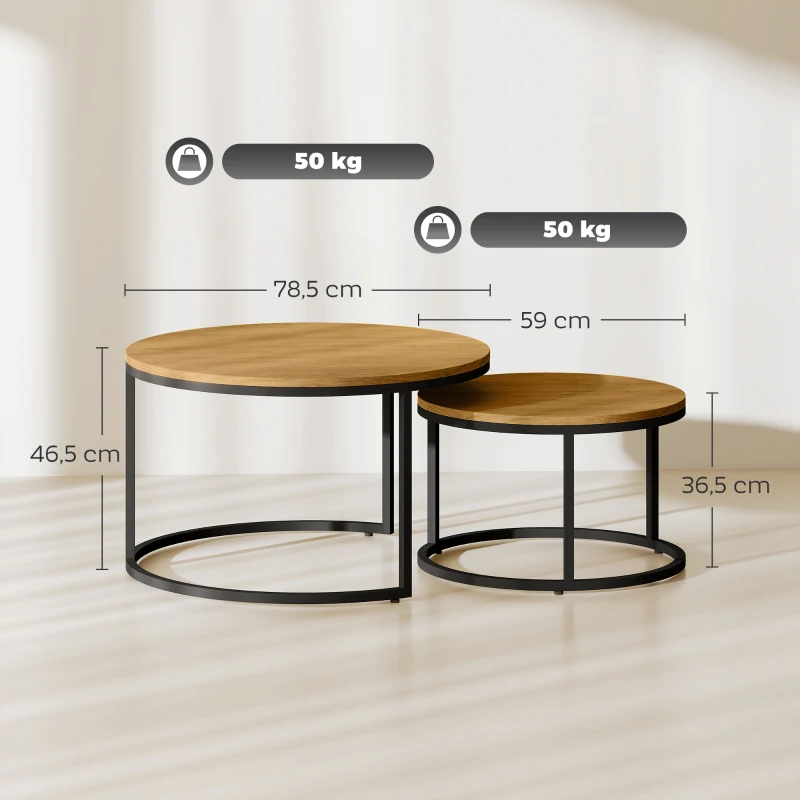 HOMCOM Lot de 2 tables basses gigognes empilable design industriel plateau imitation ciment pieds en métal marron