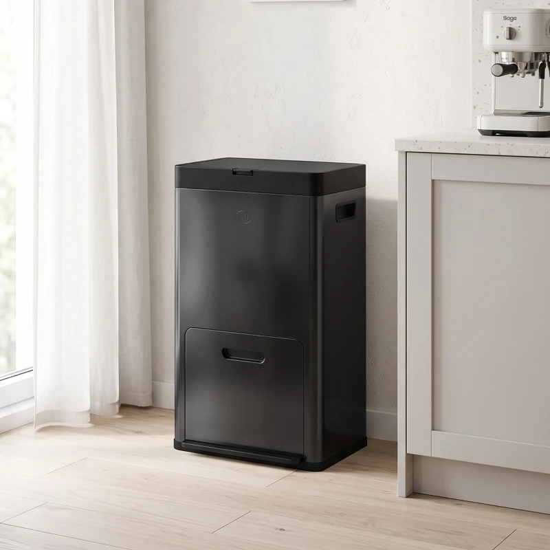 HOMCOM Lixeira Retangular com Pedal Lixeira Cozinha 56 L 3 Compartimentos Fechamento Suave Aço Inox 45,7x35,8x76 cm Preto