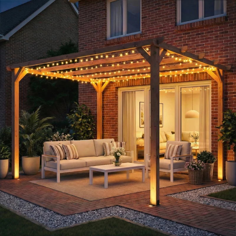 Outsunny Pergola da Giardino 3x3 m in Legno di Abete con Supporti Triangolari e 5 Travi, Colore Legno
