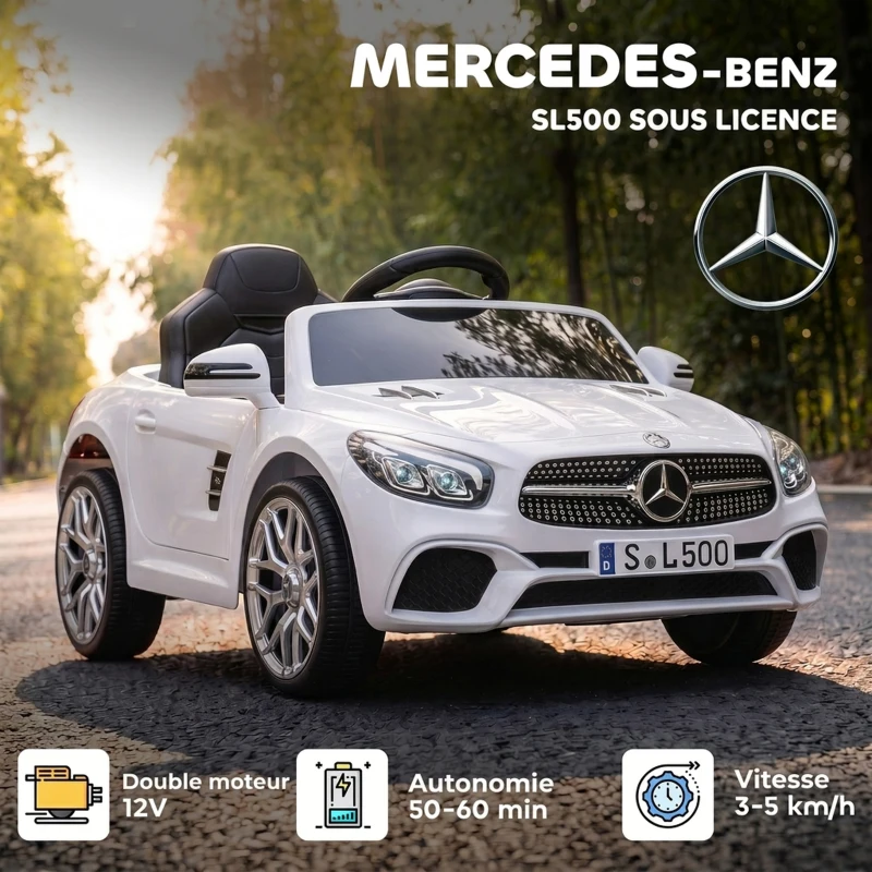 AIYAPLAY Voiture Électrique Enfants 12V Mercedes-Benz SL500, 3-5 km/h, 2 Moteurs, Télécommande 2,4G, pour 3-5 Ans, Blanc