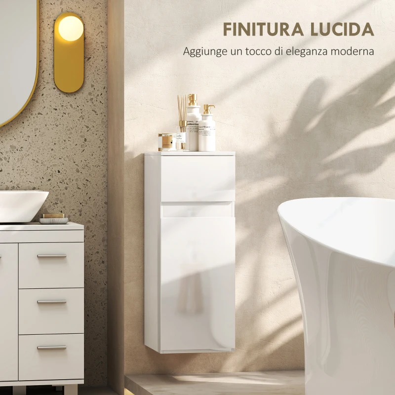 HOMCOM Mobiletto Bagno Sospeso con Cassetto, Anta Lucida e Ripiano in Vetro Regolabile, Bianco