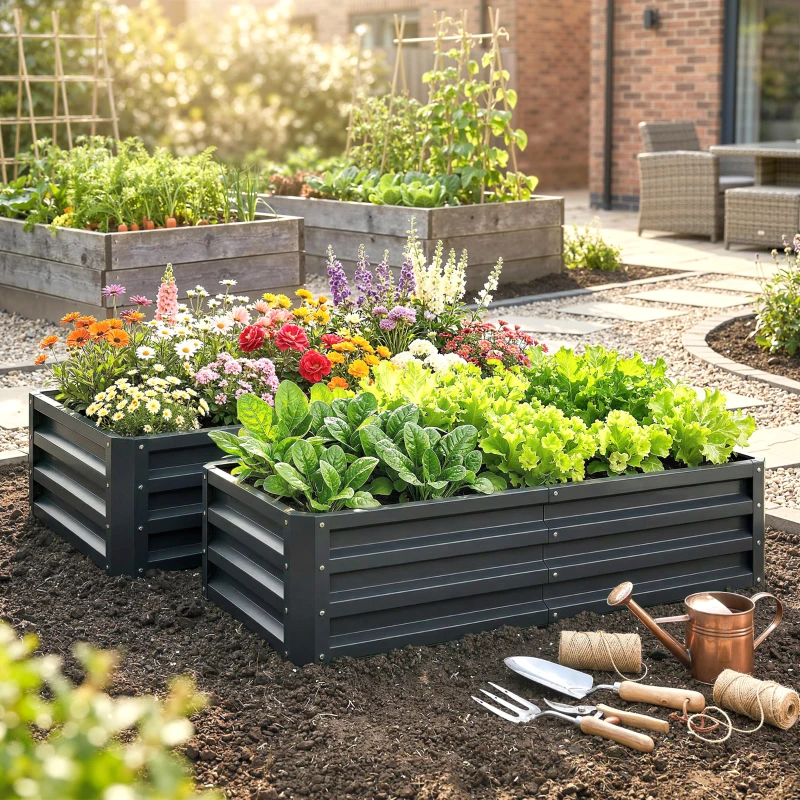 Outsunny Set of 2 Raised Beds for Garden, Galvanised Outdoor Planters for Herbs Vegetables, Use for Patio Balcony, Grey