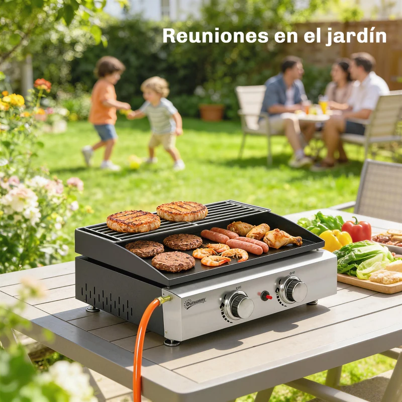 Outsunny Barbacoa de Gas con 2 Quemadores 5 kW Barbacoa Portátil con Plancha Rejilla Calentadora y Recogedor Grasa Negro