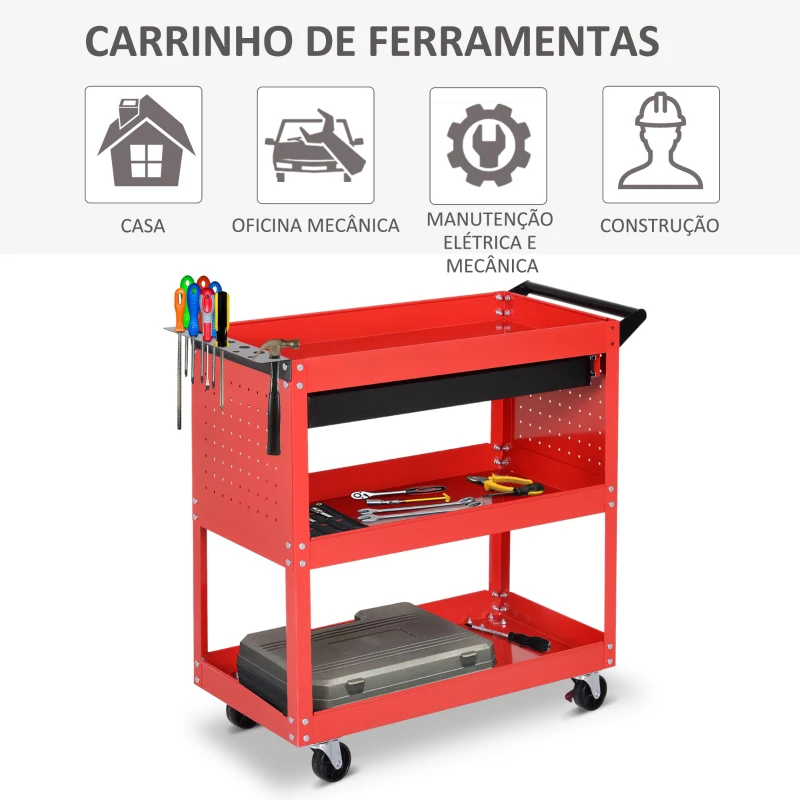DURHAND Carrinho de Ferramentas com 3 Bandejas e Gaveta Rodas com Travões Pega Lateral Painel Lateral Perfurado 82x35x76 cm Vermelho
