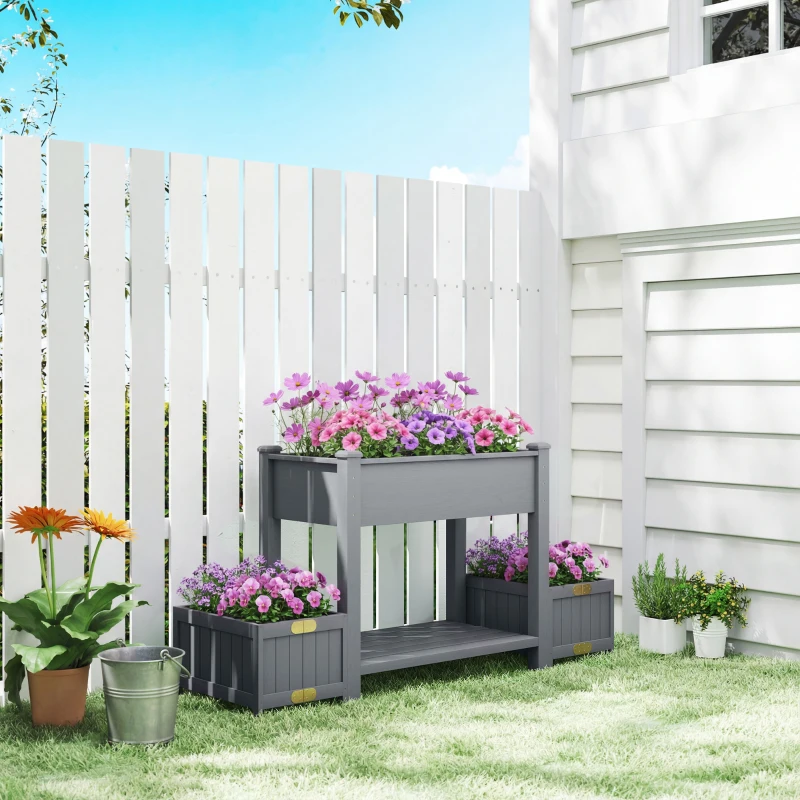 Outsunny Fioriera Rialzata con 2 Vasi Laterali e Ripiano per Attrezzi, in Legno di Abete, 149x46x76 cm, Grigio
