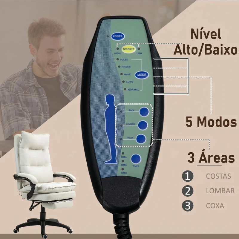 Vinsetto Cadeira de Secretária com Massagem, Altura Ajustável, Encosto Reclinável, Apoio para os Pés e Rotação 360°, Creme