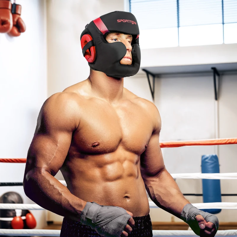 SPORTNOW Casco de Boxeo Helmet MMA con Correa Ajustable para Grappling Sparring Artes Marciales Kickboxing Karate Rojo y Negro