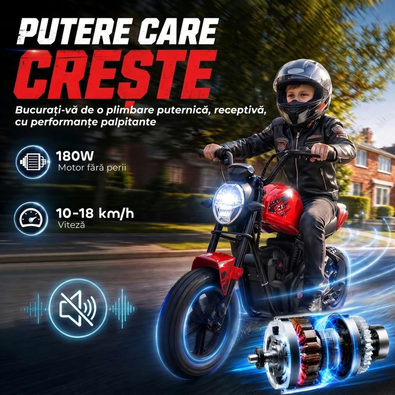 AIYAPLAY Motocicletă electrică de cross pentru copii, stil Harley, 24V, 6-12 ani, anvelope din cauciuc 30 cm, roșie