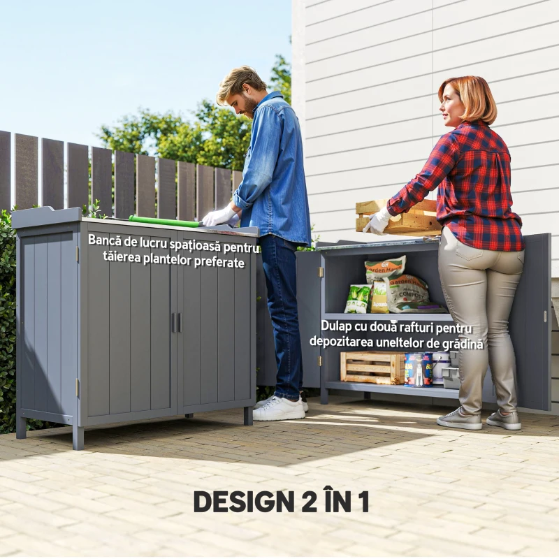 Outsunny Dulap de Exterior din Lemn cu Suprafață din Metal și 2 Rafturi pentru Unelte, 98x48x95,5 cm, Gri