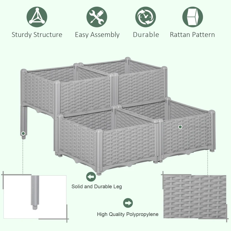 Outsunny Set of 4 26L Garden Raised Bed Elevated Patio Flower Plant Planter Box PP Vegetables Planting Container, Grey